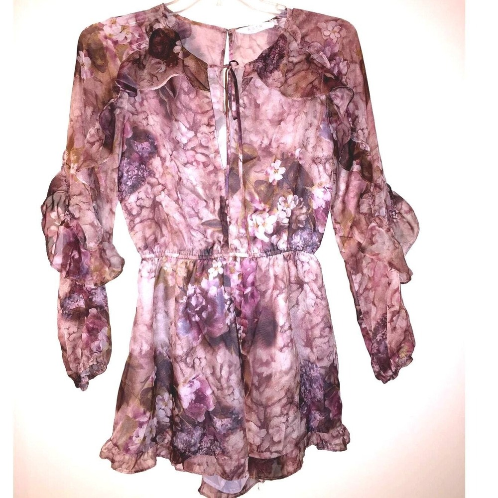 Floral Print Romper Chiffon‎ Ruffle Tie Neck Long Sleeve Women's Size M - Picture 2 of 13